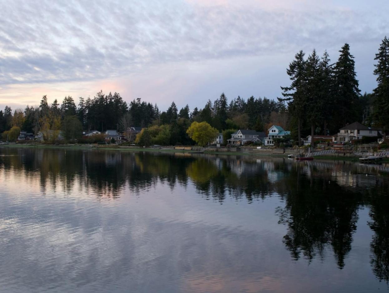 Calm lake reflecting evergreen trees and shoreline homes